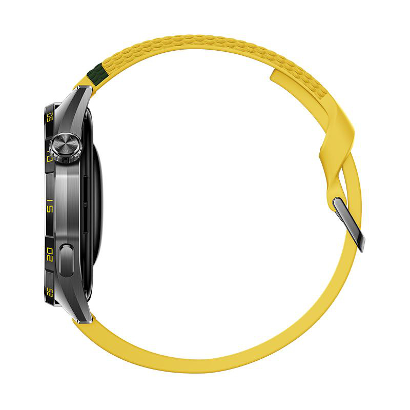 Eine schwarze Smartwatch mit strukturiertem gelbem Silikonarmband, von der Seite auf weißem Hintergrund.