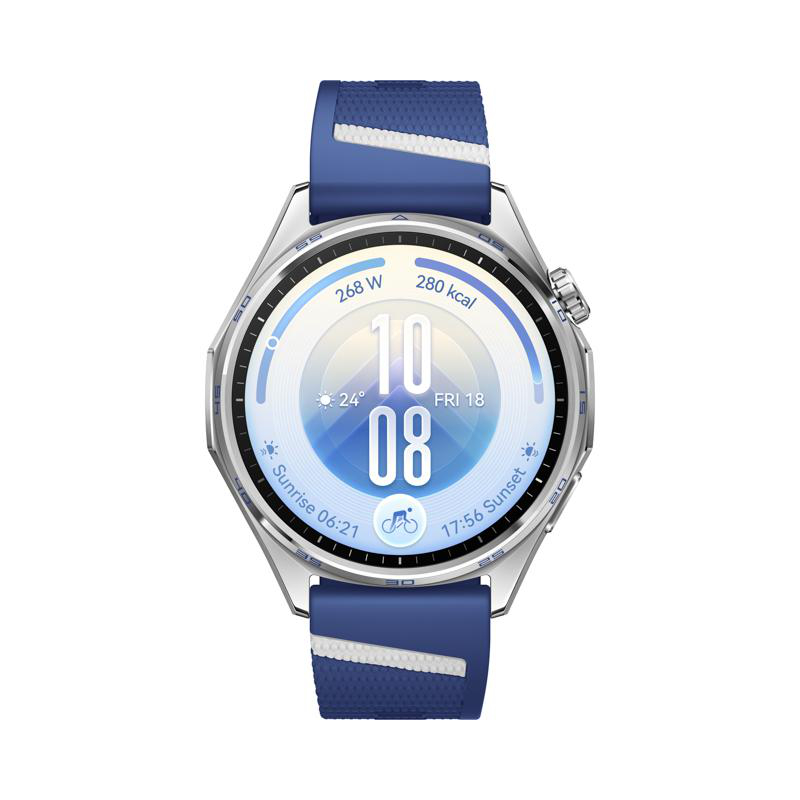 Eine smarte Uhr mit blauem Silikonarmband und silbernem Gehäuse zeigt digitale Uhrzeit, Wetter und Fitnessdaten.