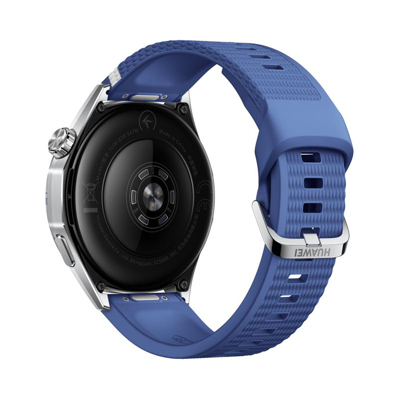 Rückseite einer silbernen Smartwatch mit blauem Silikonarmband und integrierten Sensoren.