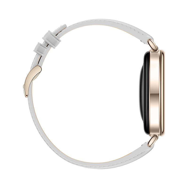 Eine elegante Smartwatch mit roségoldenem Gehäuse und einem hellgrauen Lederarmband auf weißem Hintergrund.