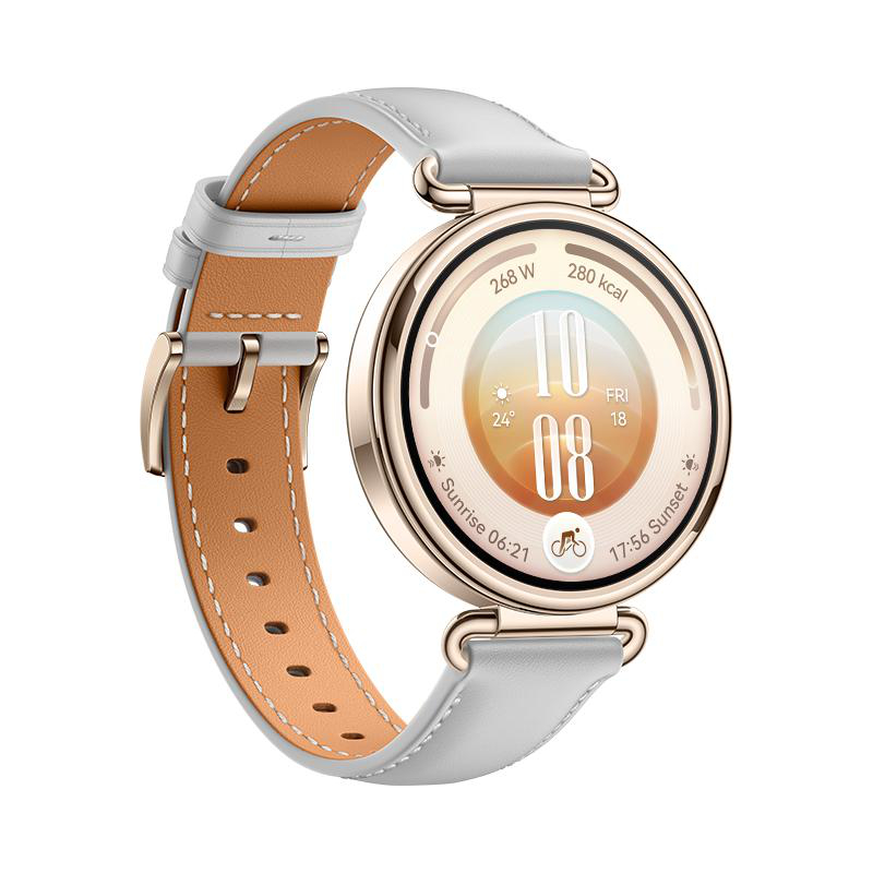 Eine elegante Smartwatch mit Roségold-Gehäuse, weißem Lederarmband und einem Zifferblatt mit digitaler Anzeige.