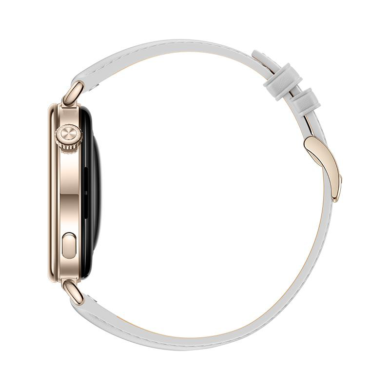 Eine roségoldene Smartwatch mit weißem Lederarmband auf weißem Hintergrund.
