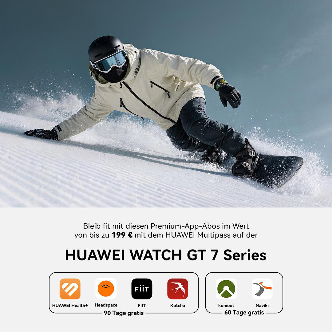 Snowboarder carves down a snowy slope, with app logos and text advertising Huawei Watch GT 7 Series at the bottom.