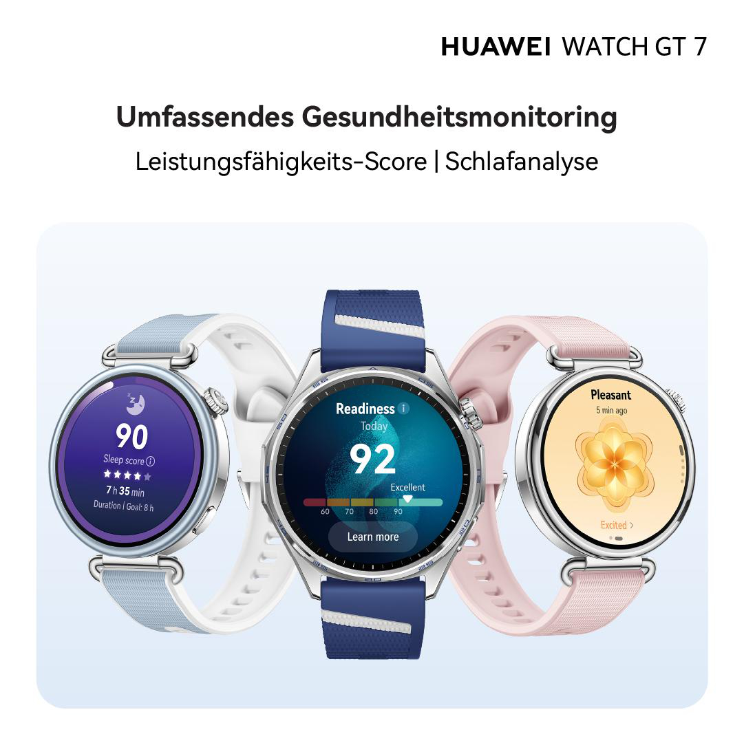 Drei Huawei Watch GT 7 Smartwatches mit verschiedenen farbigen Armbändern und Gesundheits-Apps auf dem Display.