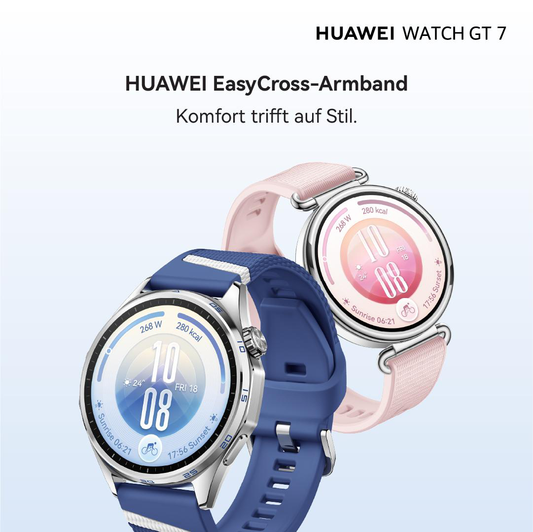 Zwei Huawei Smartwatches mit Armbändern in Blau und Rosa vor weißem Hintergrund.