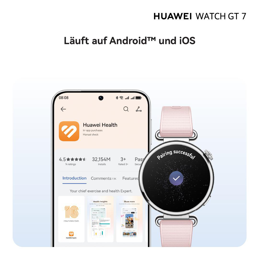Ein Smartphone zeigt die Huawei Health App neben einer pinken Smartwatch mit erfolgreicher Kopplung.
