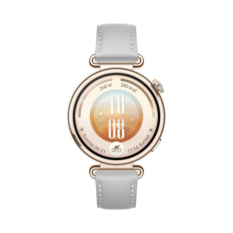 Eine roségoldene Smartwatch mit grauem Lederarmband und digitalem Zifferblatt.