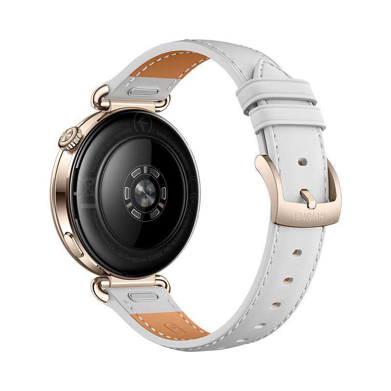 Rückseite einer roségoldenen Smartwatch mit weißem Lederarmband und Sensor auf weißem Hintergrund.