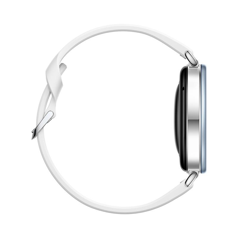 Eine elegante Smartwatch mit rundem silbernen Gehäuse und weißem Silikonarmband, seitlich auf weißem Hintergrund.