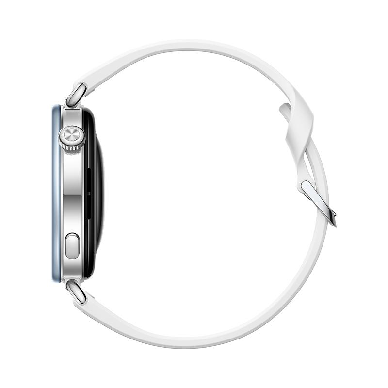 Seitenansicht einer Smartwatch mit silbernem Gehäuse und weißem Silikonarmband vor weißem Hintergrund.