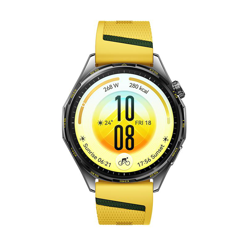 Eine Smartwatch mit gelbem Band, schwarzem Gehäuse und digitalem Zifferblatt, das Uhrzeit, Wetter und Fitnessdaten zeigt.