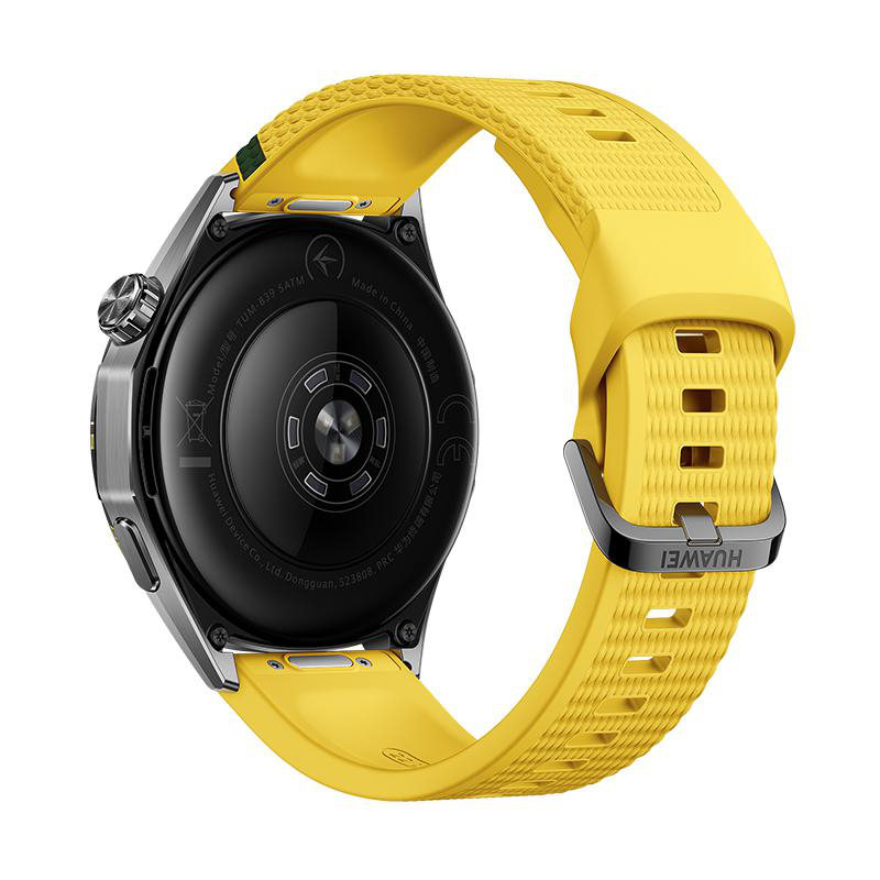 Rückseite einer schwarzen Smartwatch mit gelbem Gummisitz und Sensoren.