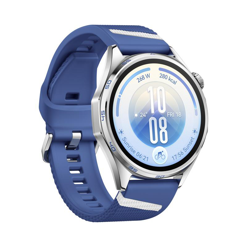 Eine smarte Uhr mit blauem Silikonarmband und Zifferblatt mit Fitnessdaten.