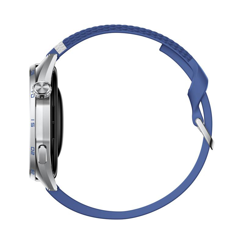 Seitenansicht einer Smartwatch mit silbernem Gehäuse und strukturiertem blauen Armband auf weißem Hintergrund.