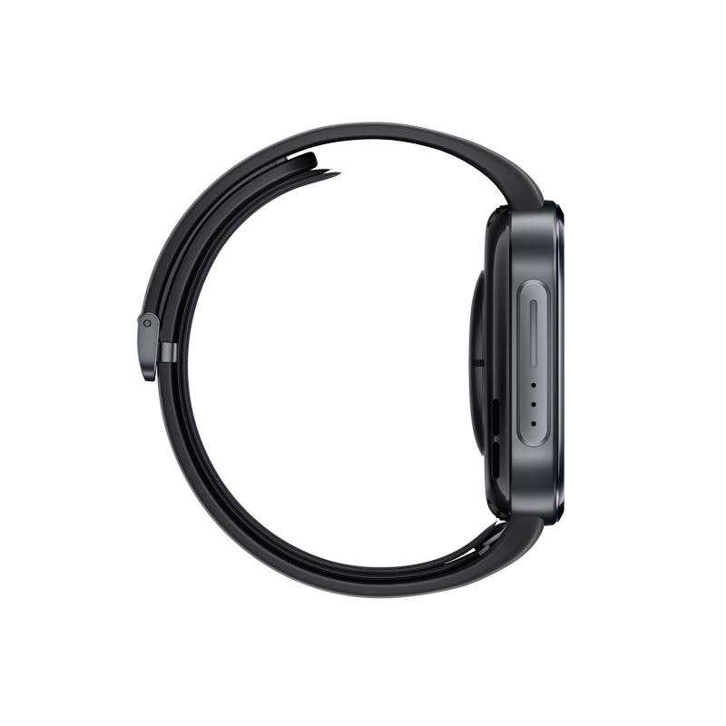 Seitenansicht einer schwarzen Smartwatch mit Armband auf weißem Hintergrund.