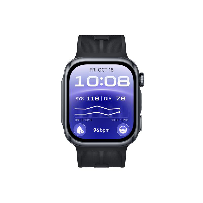 Eine schwarze Smartwatch mit Gesundheitsdaten wie Uhrzeit, Blutdruckkurve und Herzfrequenz auf blauem Bildschirm.