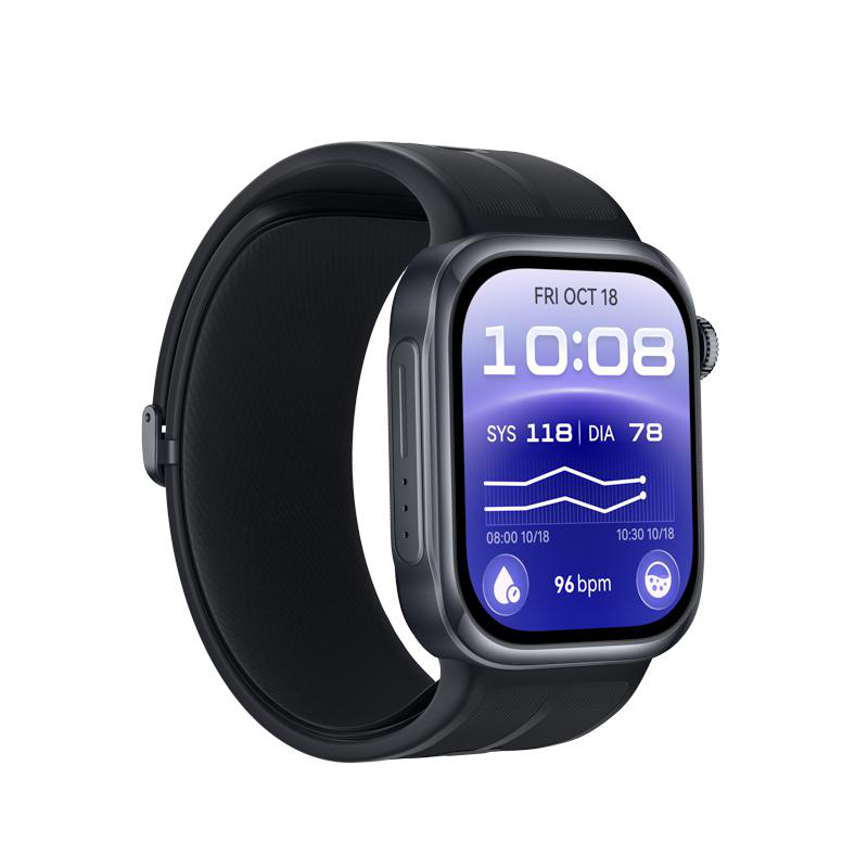 Eine schwarze Smartwatch mit blauem Display, das Zeit, Herzfrequenz und Blutdruck anzeigt, auf weißem Hintergrund.