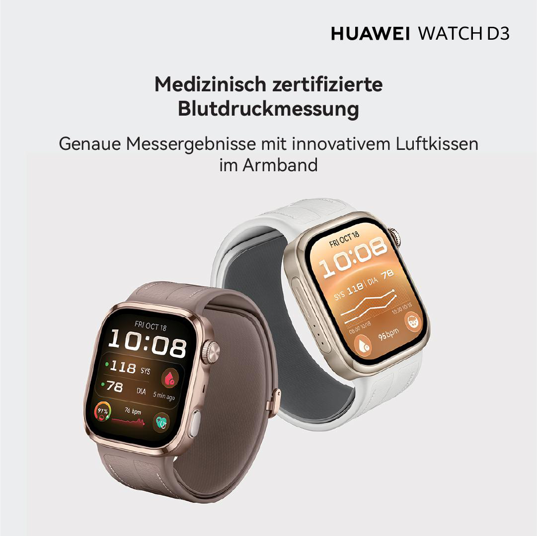 Zwei Huawei Watch D3 Smartwatches mit medizinischer Blutdruckmessung und Anzeigen für SYS und DIA.
