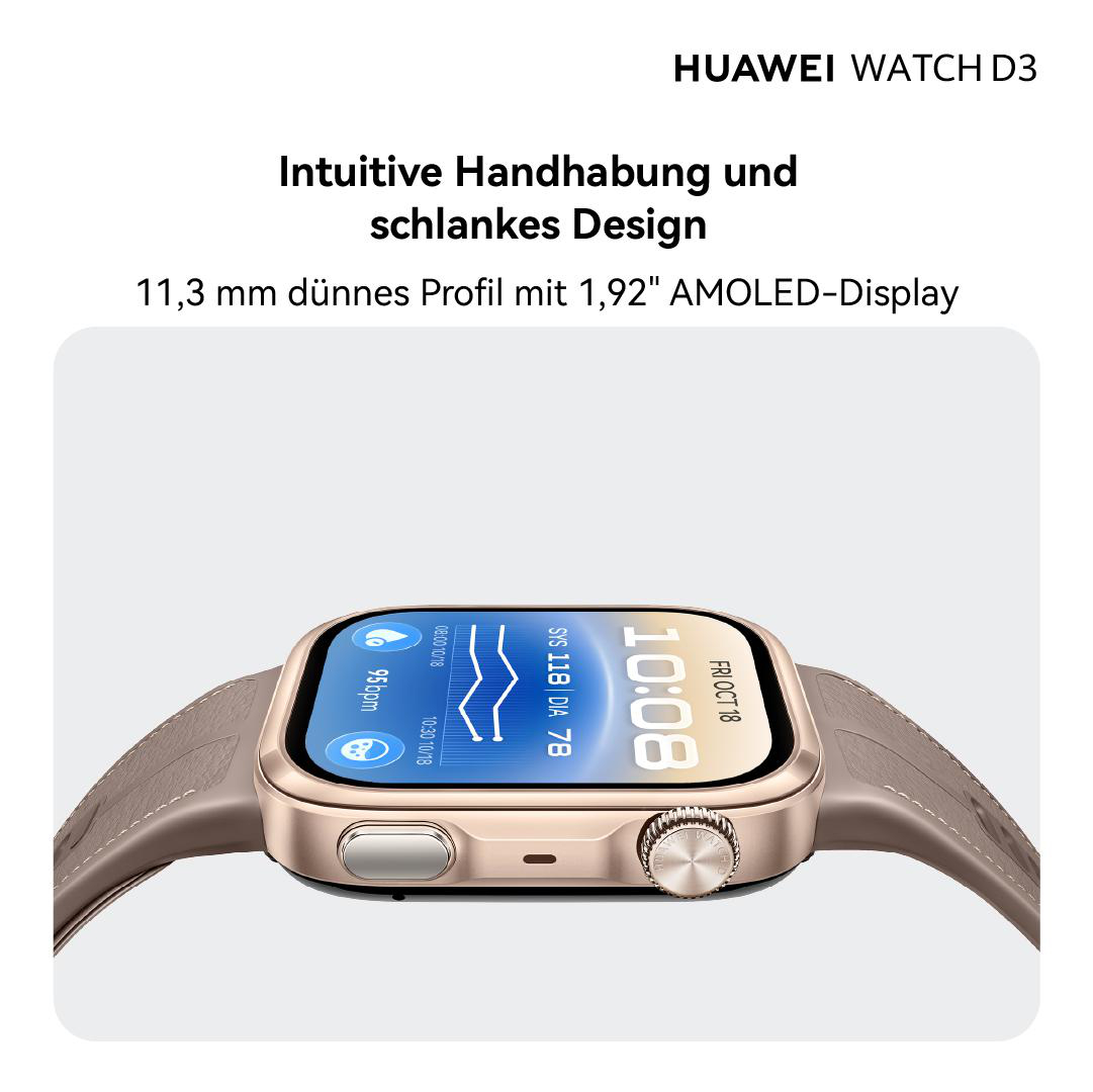 Huawei Watch D3 mit Goldgehäuse, braunem Lederarmband und AMOLED-Display mit Gesundheitsdaten und Uhrzeit.