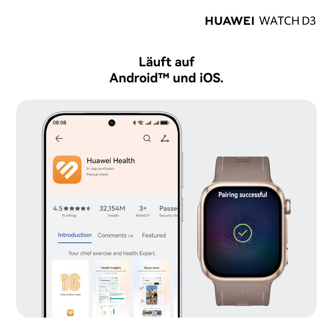 Huawei Watch D3 mit Smartphone, das die Huawei Health App zeigt und Kompatibilität mit Android und iOS bewirbt.