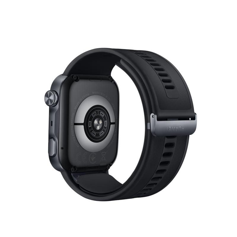 Rückseite einer schwarzen Smartwatch mit Sensoren, Krone und strukturiertem Band.