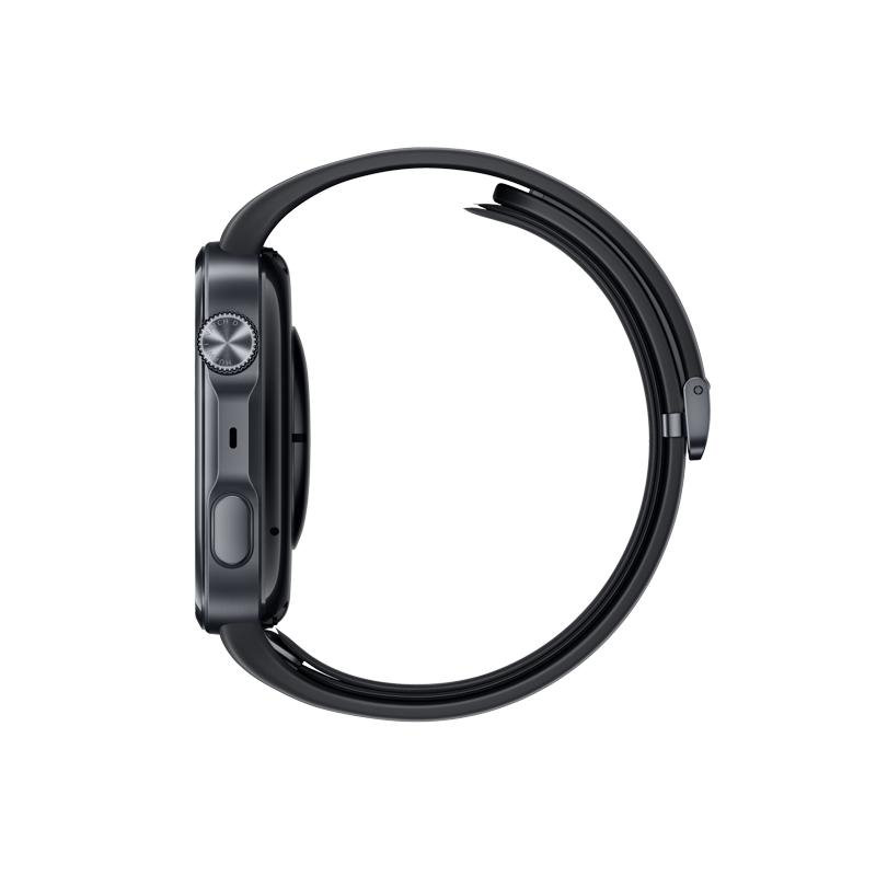 Seitenansicht einer schwarzen Smartwatch mit Krone, seitlichem Knopf und offenem Band vor weißem Hintergrund.