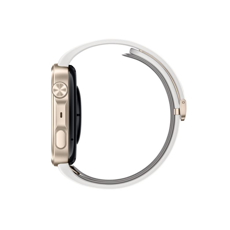 Eine goldene Smartwatch mit weißem Armband in Seitenansicht auf weißem Hintergrund.