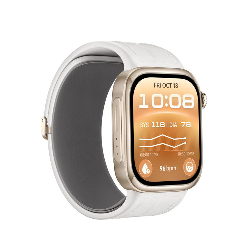 Eine goldfarbene Smartwatch mit weißem Silikonarmband zeigt auf dem Display Zeit, Datum und Gesundheitsdaten.
