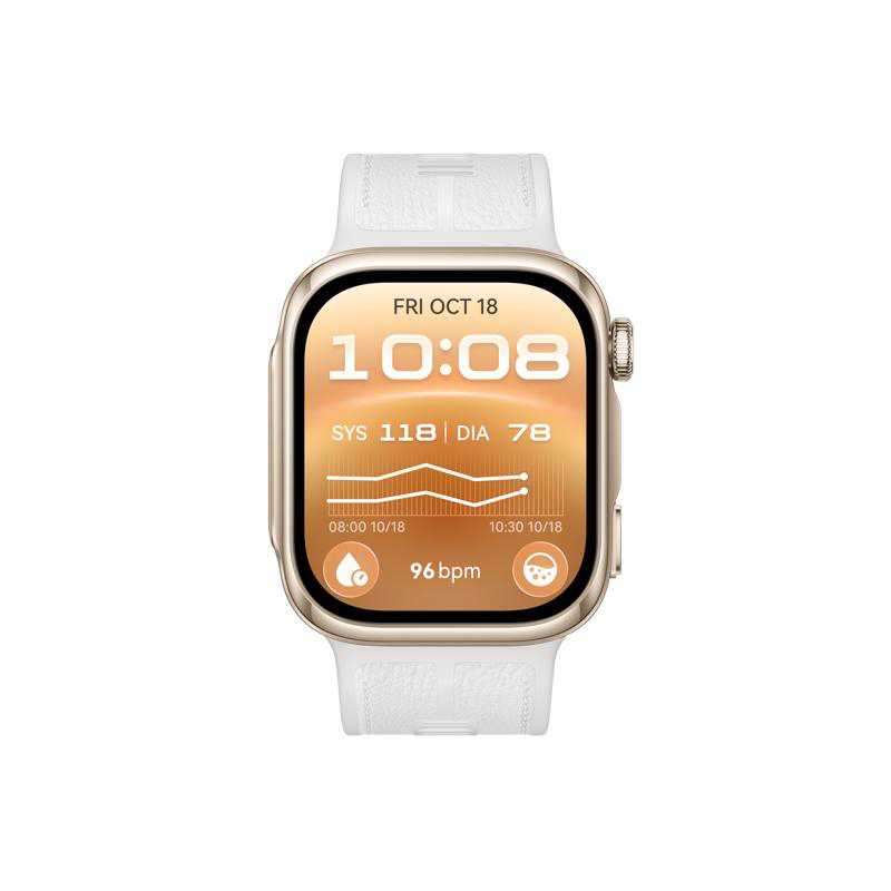 Goldfarbene Smartwatch mit weißem Armband, digitaler Zeitanzeige und Gesundheitsdaten wie Blutdruck und Puls.