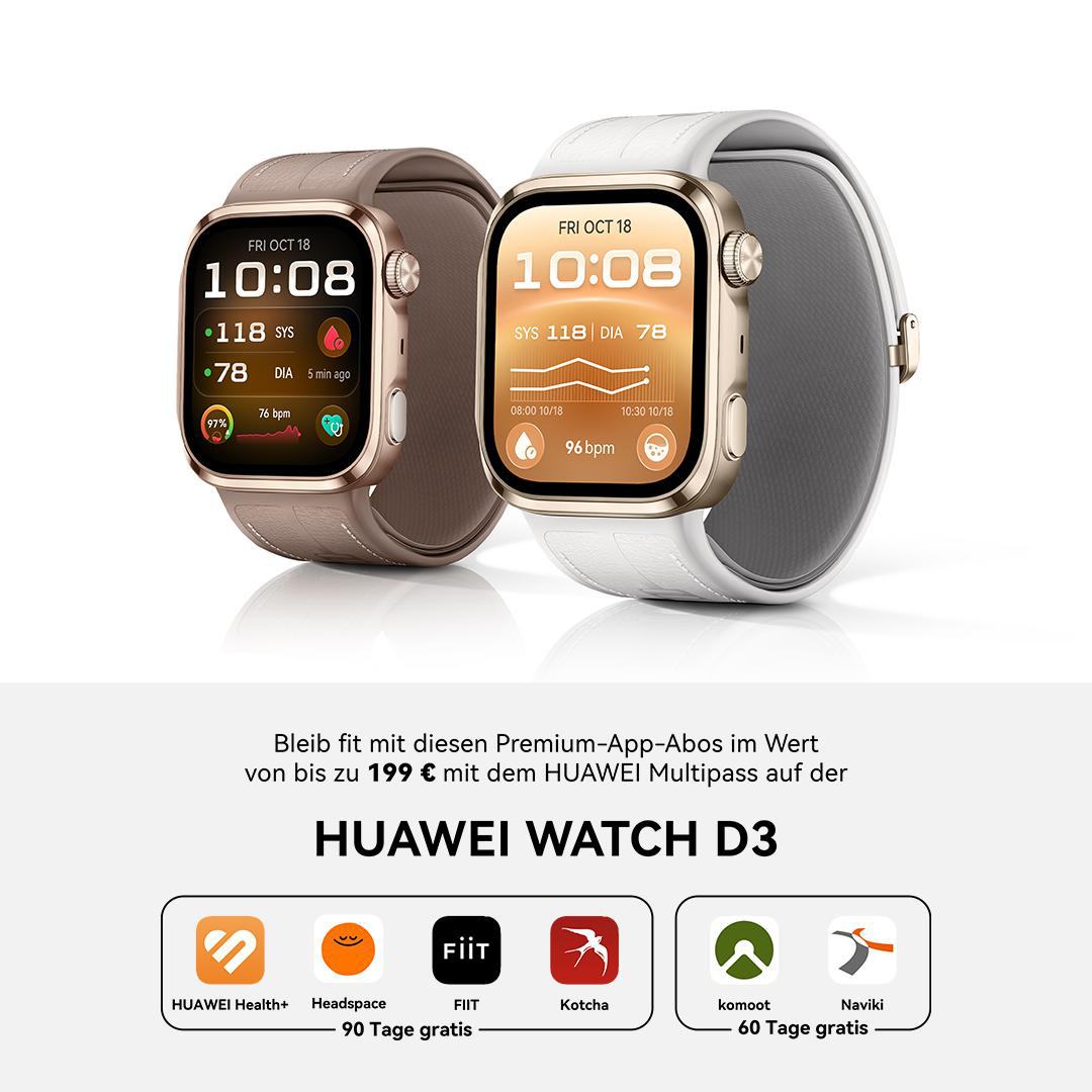 Zwei Huawei Watch D3 Smartwatches mit braunem und weißem Armband auf weißem Hintergrund, inklusive App-Logos.