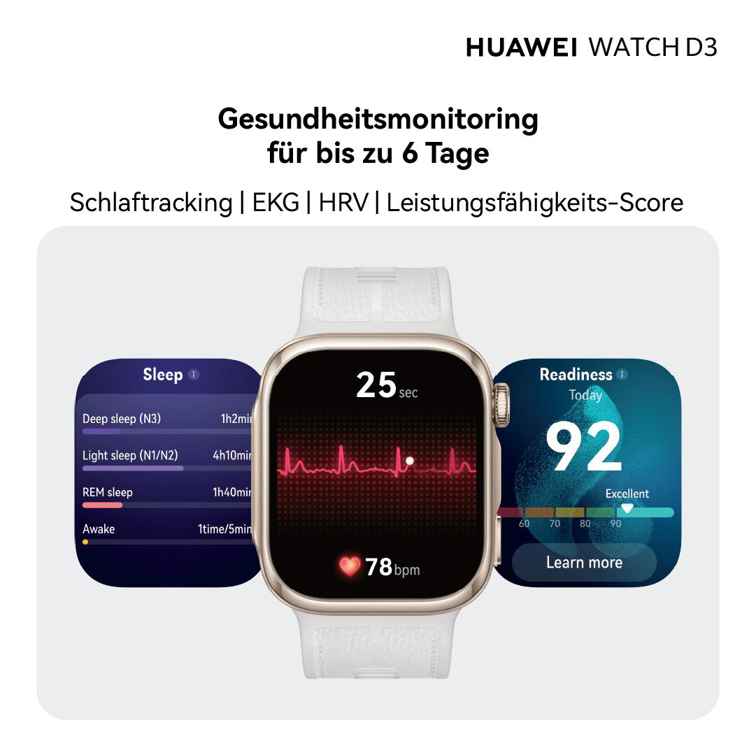 Huawei Watch D3 Anzeige mit EKG, Herzfrequenz und Schlaf-Tracking-Daten.