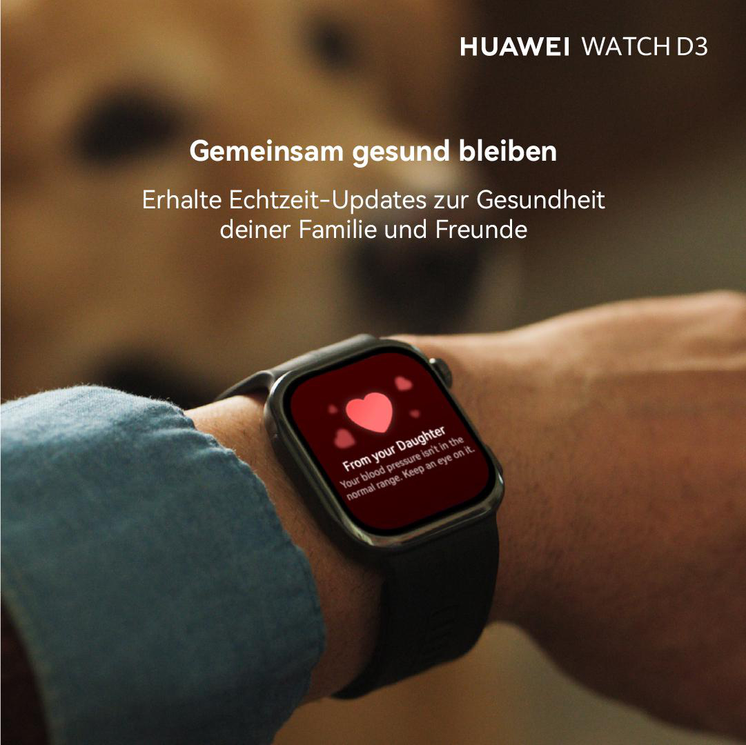 Huawei Watch D3 am Handgelenk mit Gesundheitsupdate auf dem roten Display.