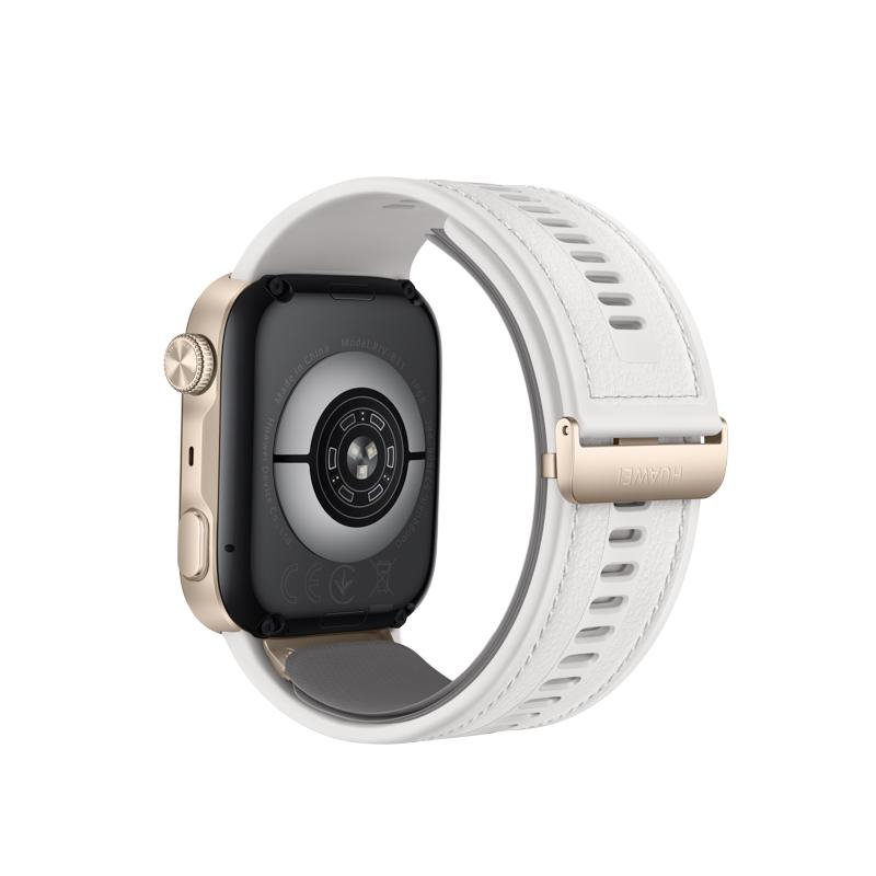 Rückseite einer goldenen Smartwatch mit weißem Armband und Sensoren.
