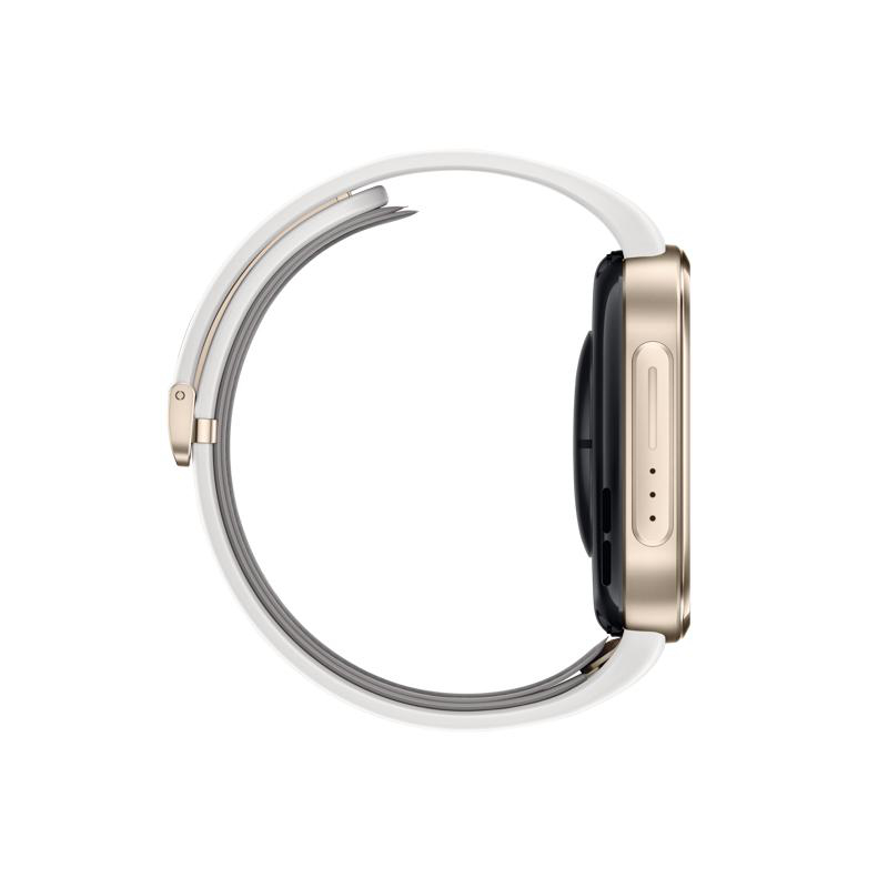 Seitenansicht einer Smartwatch mit goldenem Gehäuse und weißem Armband vor weißem Hintergrund.