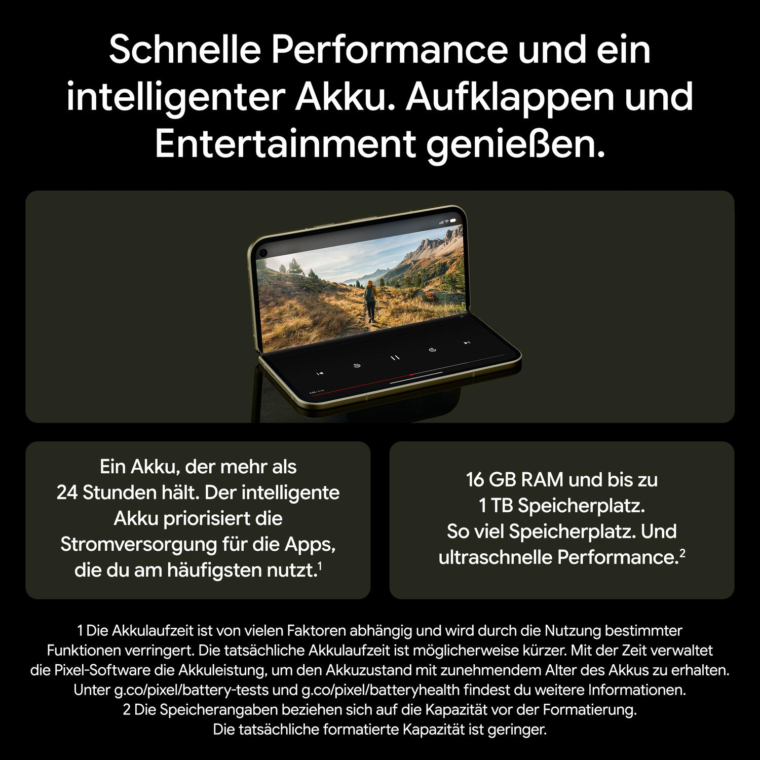 Ein faltbares Smartphone zeigt ein Video im Querformat, umgeben von Werbetexten in deutscher Sprache.