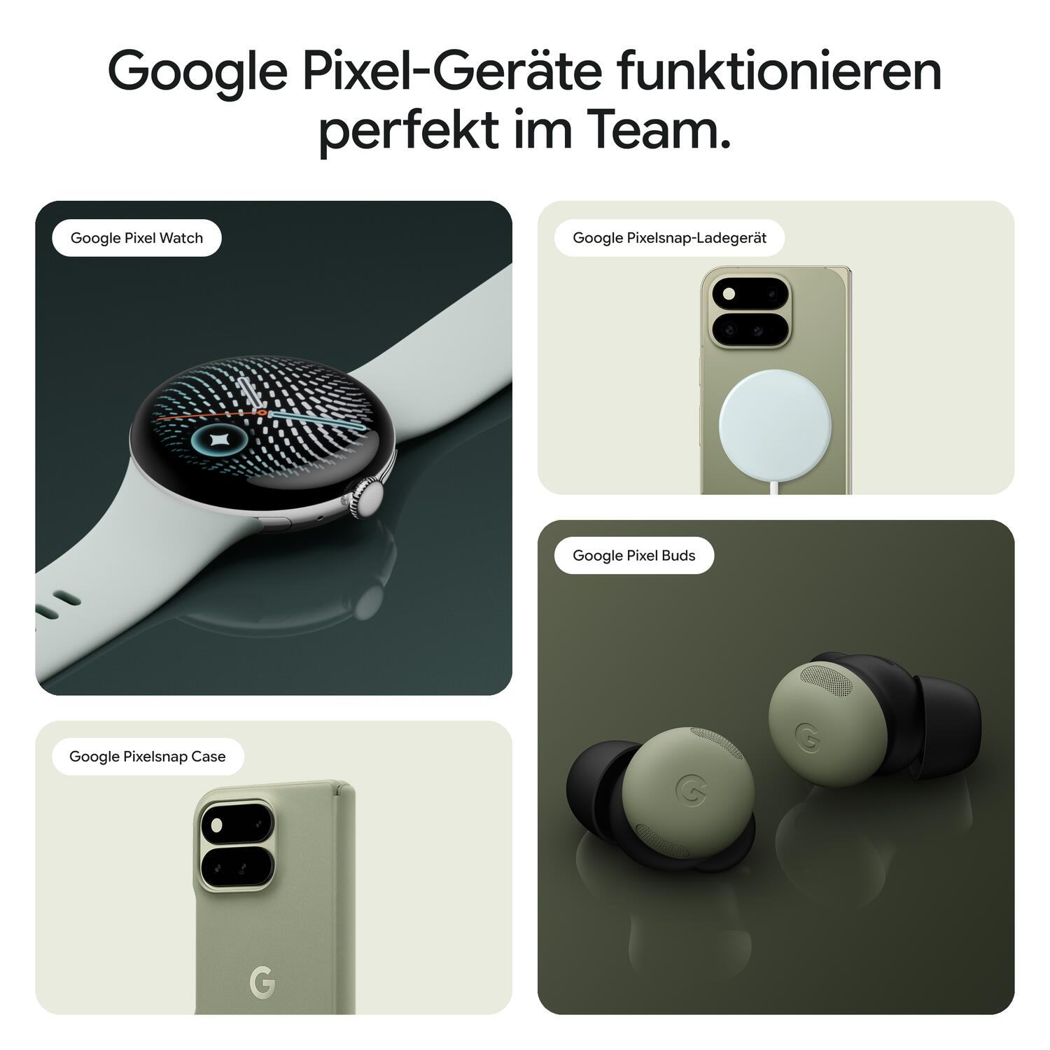 Eine Collage zeigt Google Pixel-Geräte wie Watch, Ladegerät, Kopfhörer und Hülle auf weißem und grünem Hintergrund.