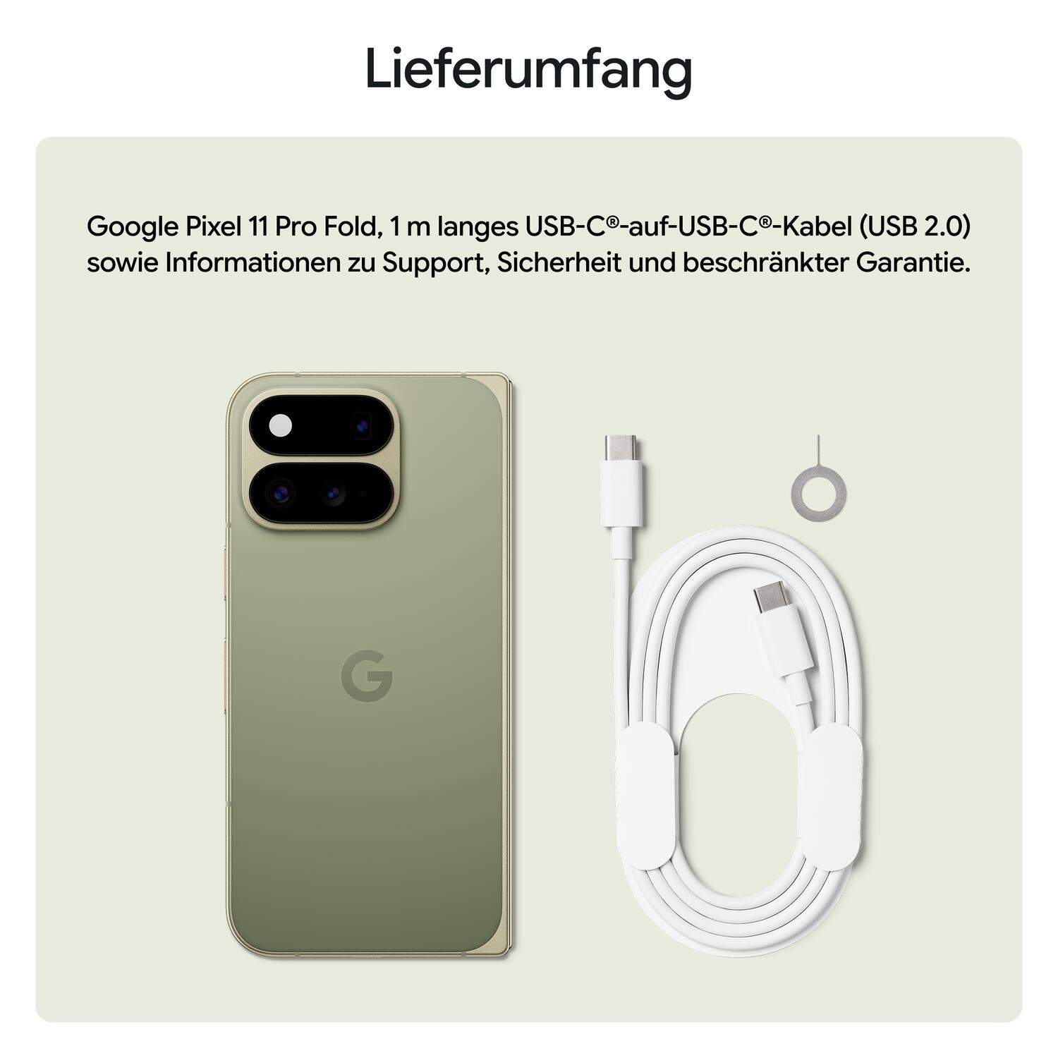 Lieferumfang: Smartphone, USB-C-Kabel und SIM-Nadel auf hellem Hintergrund.