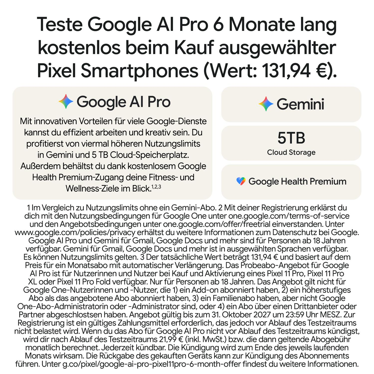 Werbung für 6 Monate kostenloses Google AI Pro beim Kauf ausgewählter Pixel Smartphones.