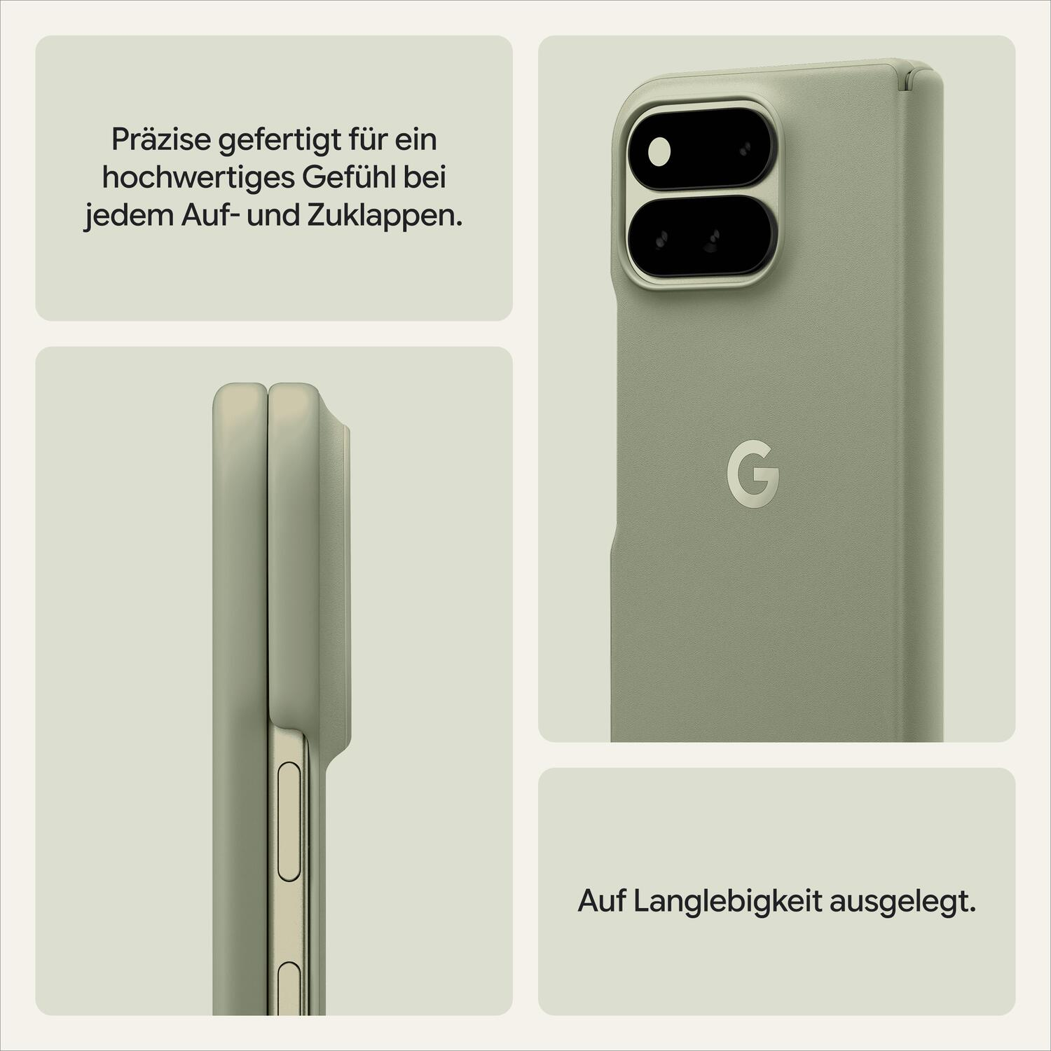 Grüne Schutzhülle mit präziser Passform für ein Falttelefon, mit Kameraausschnitt und Google-Logo.