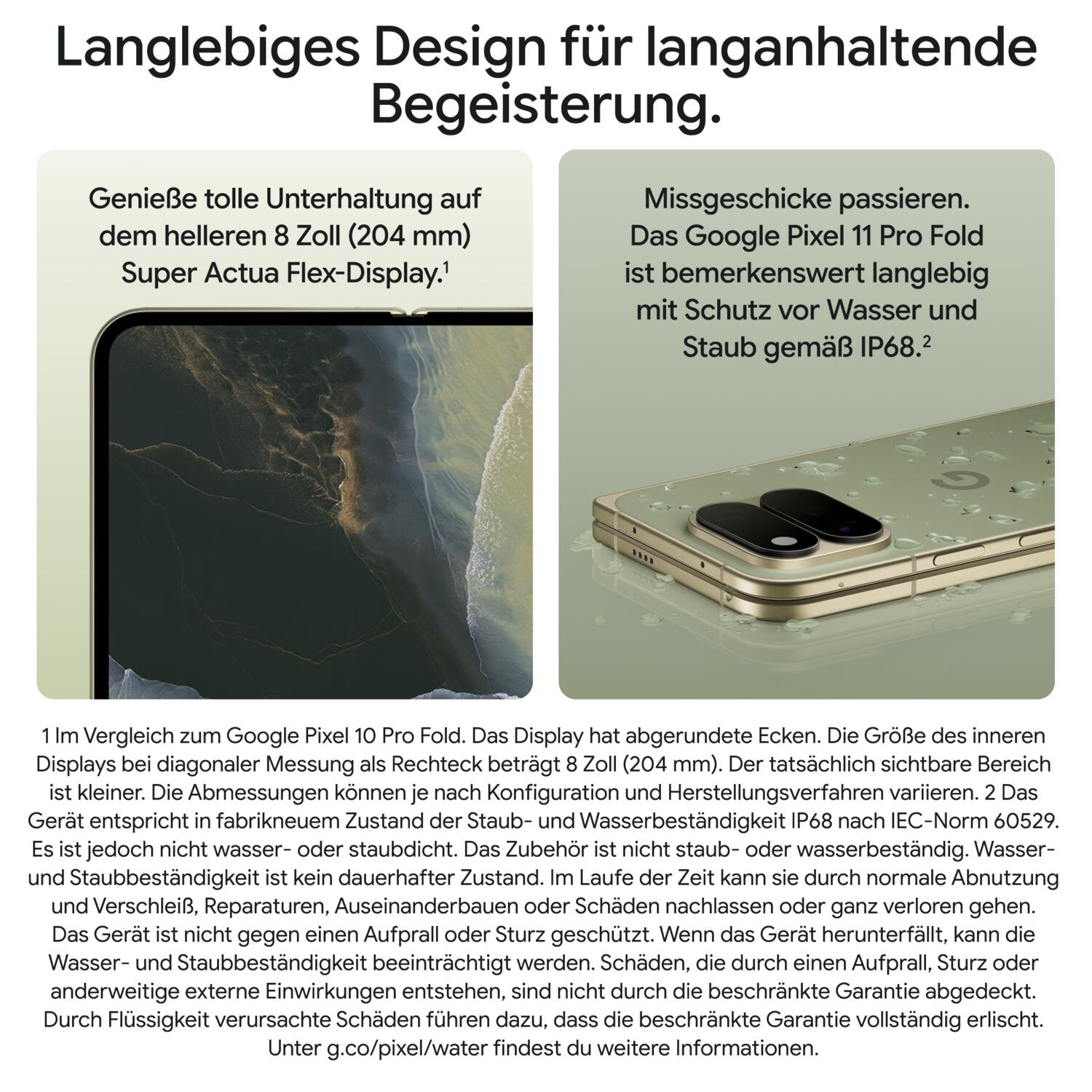Werbegrafik mit deutschem Text über die Langlebigkeit und Displayeigenschaften des Google Pixel 11 Pro Fold.