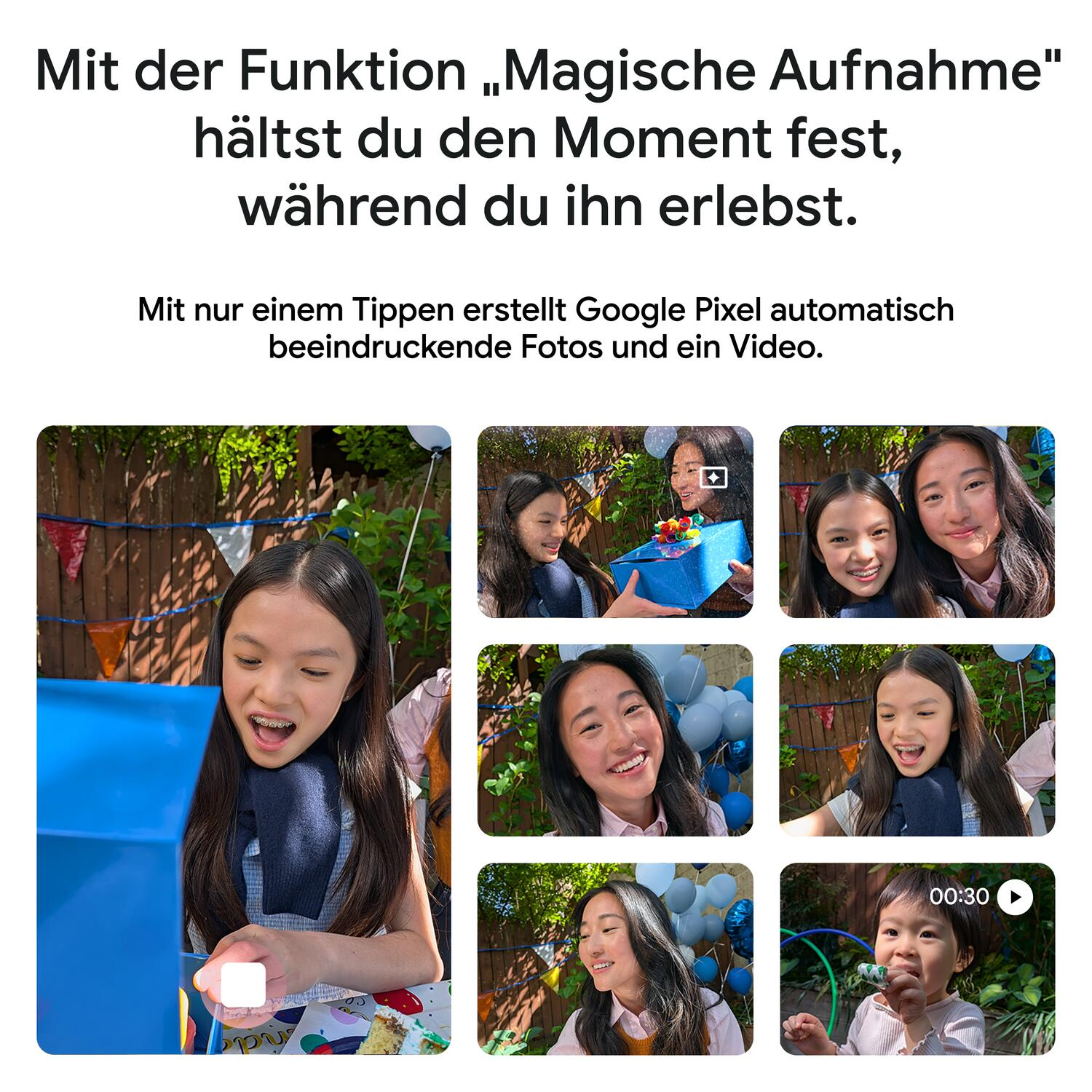 Collage mit Text und Fotos von zwei Mädchen, die feiern, und blauen Ballons vor einem Holzzaun.