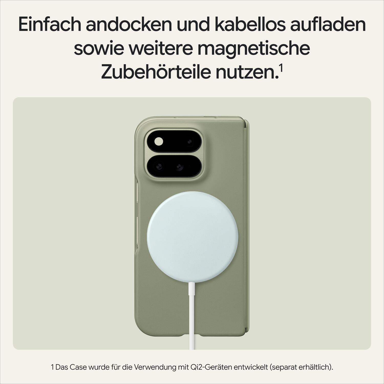 Grünes Smartphone in Hülle mit weißem magnetischem Ladekreis auf der Rückseite.