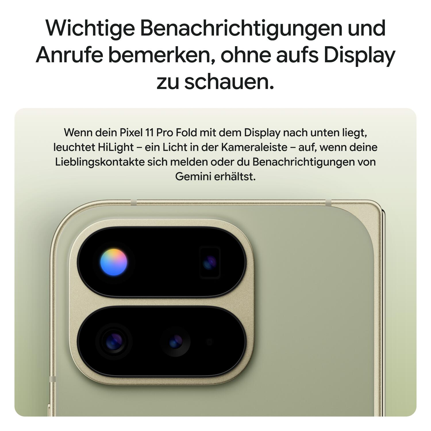 Nahaufnahme der Kamera auf der Rückseite eines goldfarbenen Smartphones mit Text auf Deutsch.