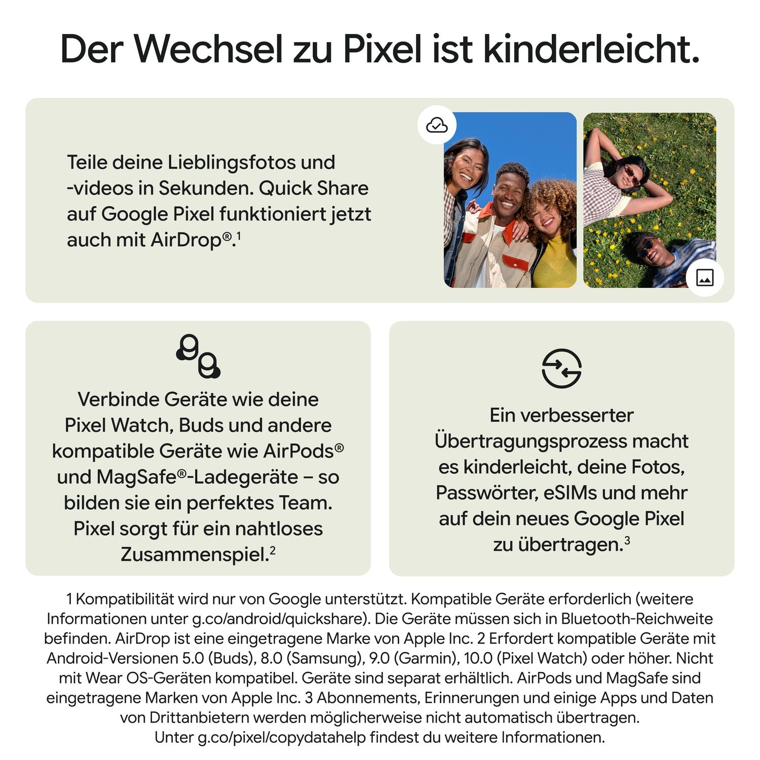 Eine Google Pixel Werbung erklärt mit Text, Icons und Fotos von Personen im Freien den einfachen Wechsel.