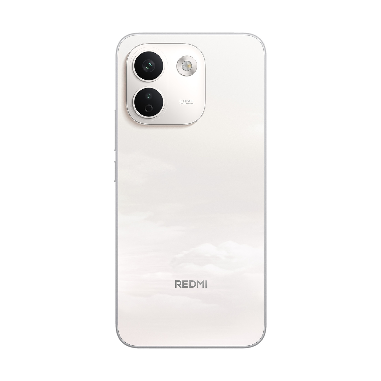 Retro di uno smartphone chiaro con doppia fotocamera in alto a sinistra e il logo Redmi in basso.