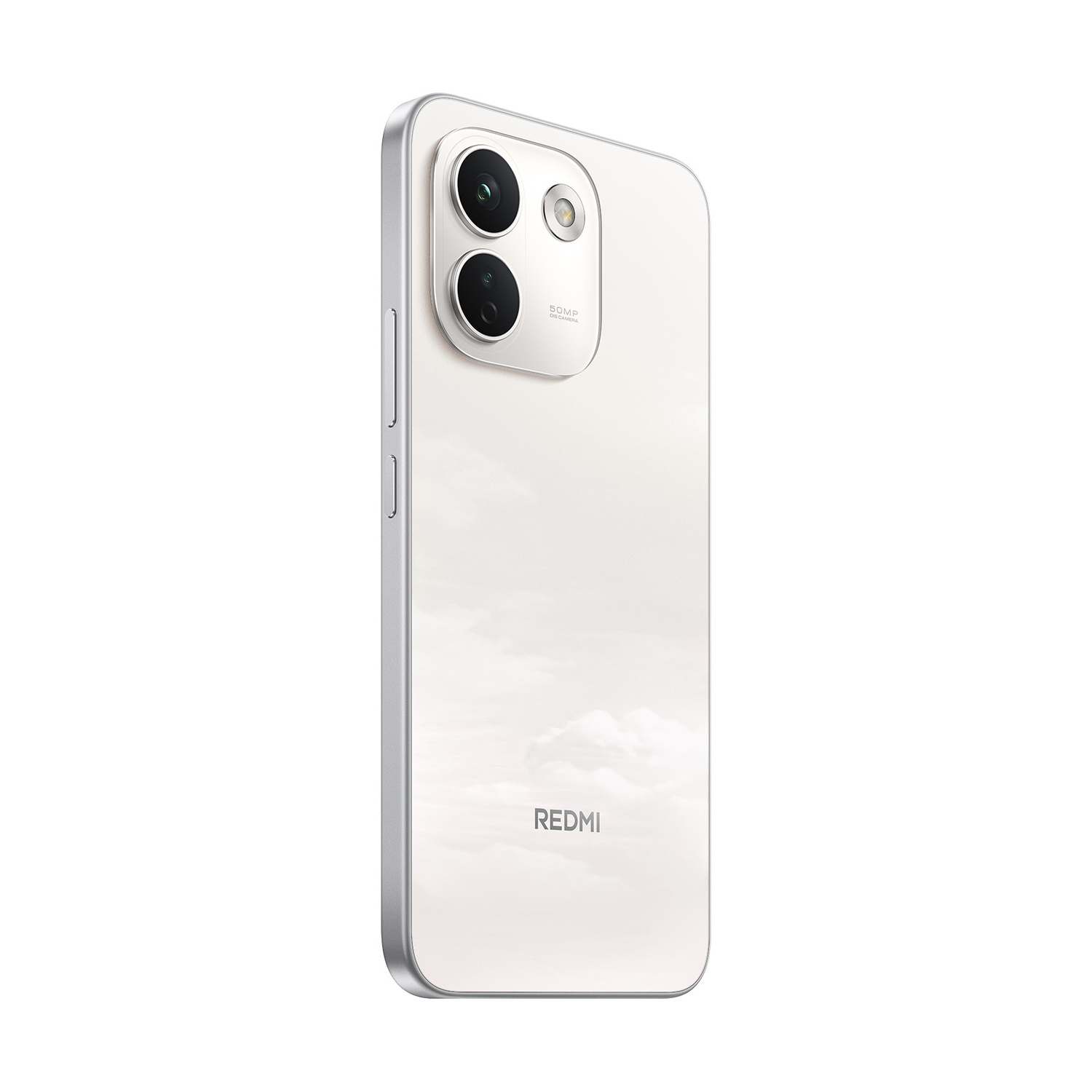 Vista posteriore di uno smartphone Redmi bianco con due obiettivi fotografici e il logo Redmi.