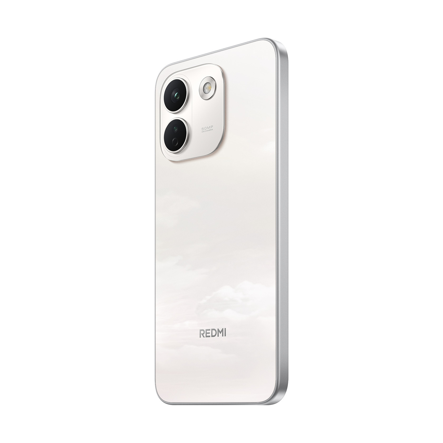Vista posteriore di uno smartphone Redmi bianco con due fotocamere e il logo Redmi.