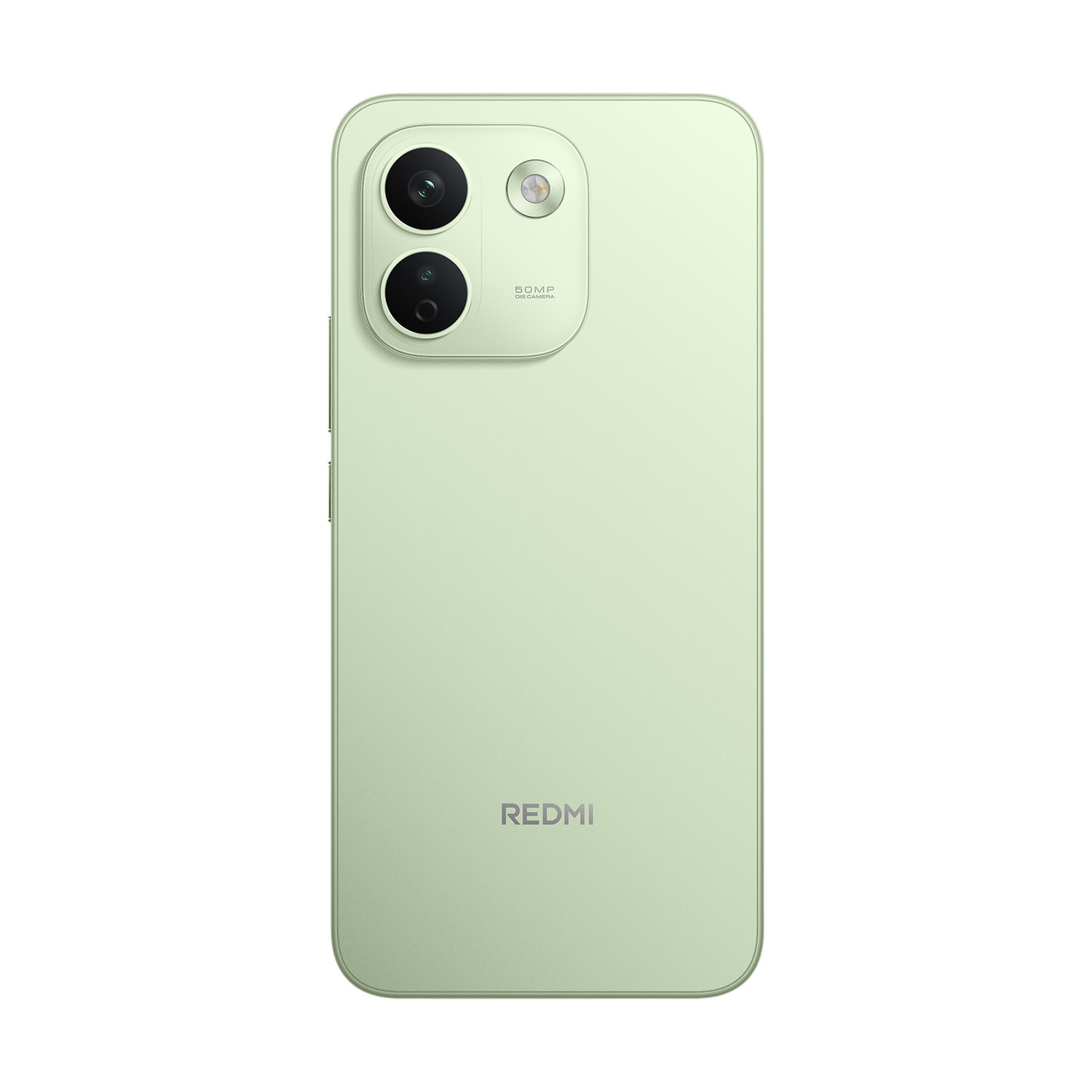Vista posteriore di uno smartphone Redmi verde chiaro con due obiettivi e il logo Redmi.