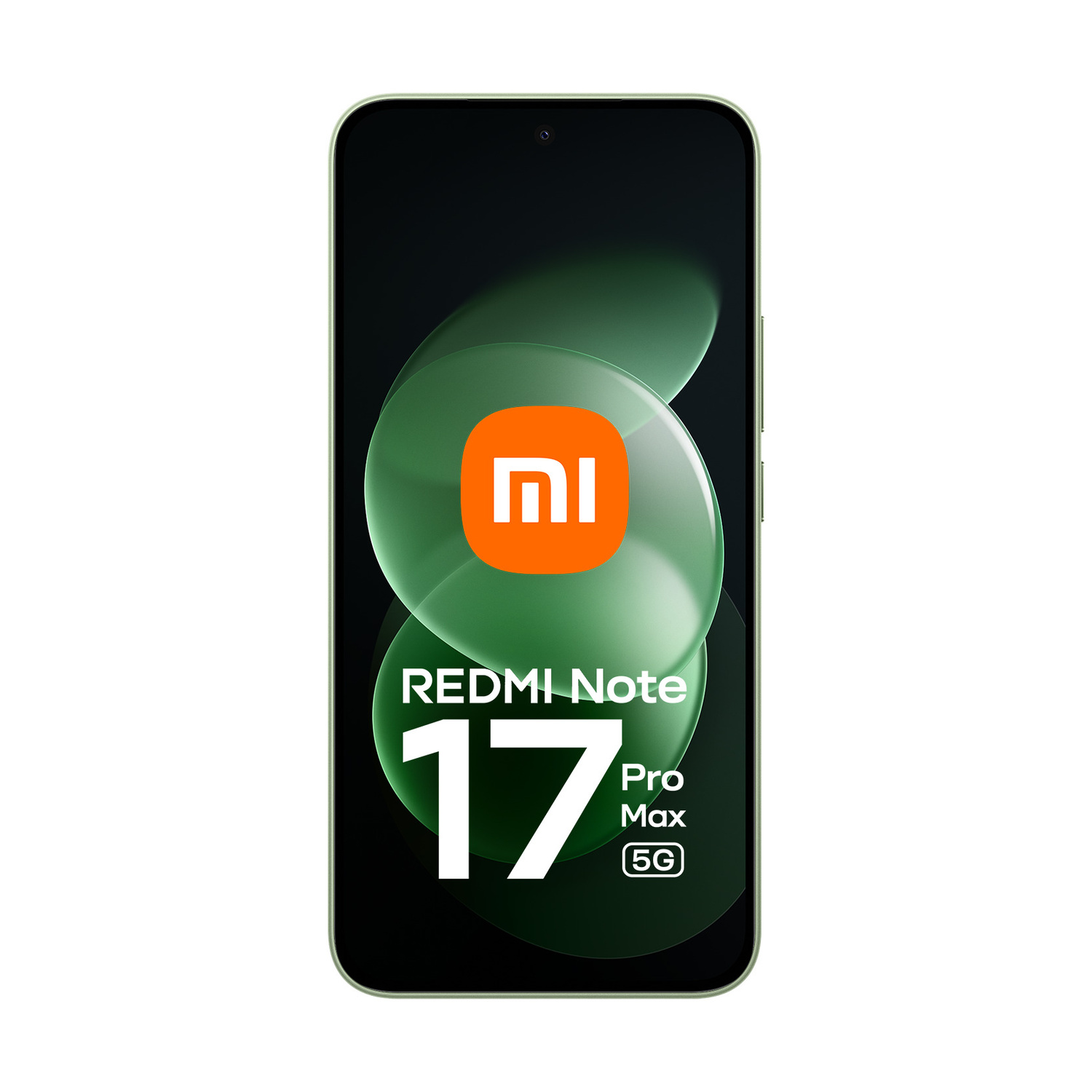 Smartphone verde Redmi Note 17 Pro Max 5G con logo arancione Xiaomi sullo schermo.