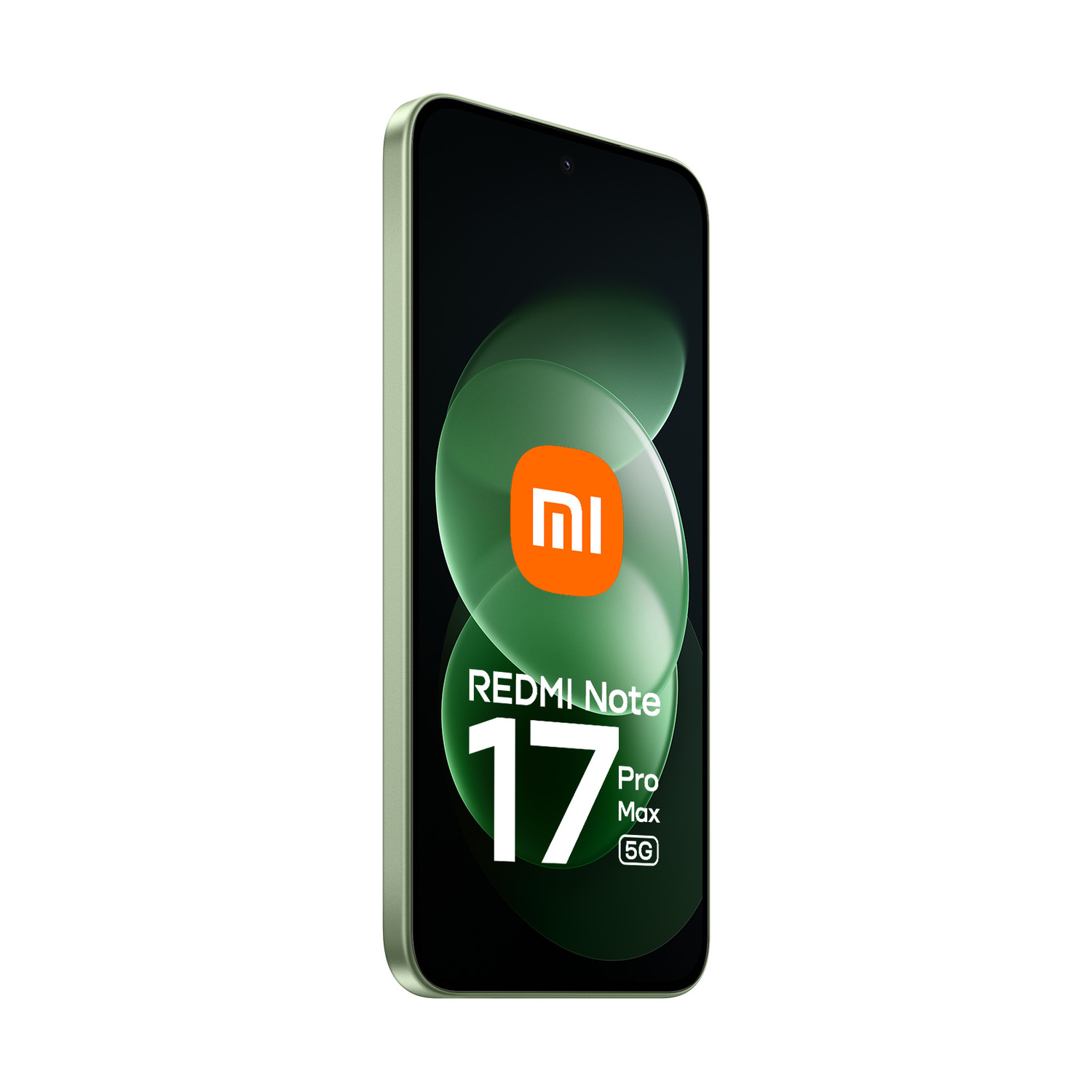 Uno smartphone verde chiaro con lo schermo che mostra il logo Xiaomi e il testo Redmi Note 17 Pro Max 5G.